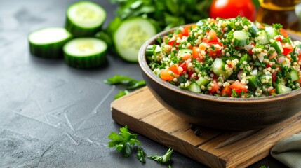 Wall Mural - A Mediterranean-inspired tabbouleh salad with parsley, tomatoes, cucumbers, and bulgur wheat