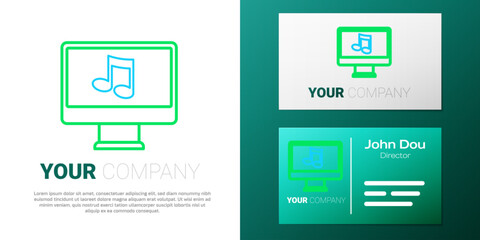 Poster - Line Computer with music note symbol on screen icon isolated on white background. Colorful outline concept. Vector