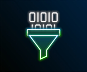 Poster - Glowing neon line Binary code icon isolated on black background. Colorful outline concept. Vector