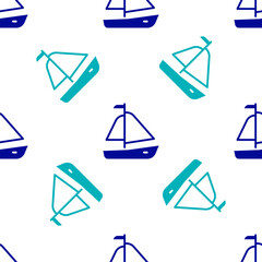 Wall Mural - Blue Yacht sailboat or sailing ship icon isolated seamless pattern on white background. Sail boat marine cruise travel. Vector
