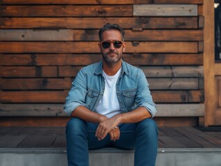 Wall Mural - a man in blue jeans with sunglasses sitting on a wooden wall