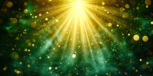A Beautiful Light Shining Out With Golden Rays Bokeh Green , Bright Green Sun Shining Through Dark Background. Suitable For Nature, Environmental, Energy, And Abstract Concepts. Textures, Patterns,