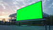 Green screen billboard next to a building's entrance 