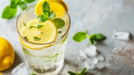 Wall Mural - A refreshing glass of lemonade garnished with a slice of lemon and sprigs of fresh mint