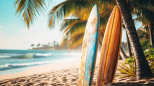 Surfboards On The Beach. Blurred Sea Background With Palm Trees