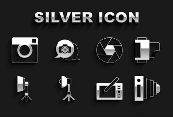 Sticker - Set Softbox light, Camera roll cartridge, Photo camera, Graphic tablet, shutter, and icon. Vector