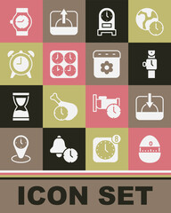 Sticker - Set Kitchen timer, Sunset, Wrist watch, Antique clock, Time zone clocks, Alarm, and Calendar spring icon. Vector