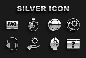 Sticker - Set Settings in the hand, Telephone 24 hours support, Browser with question mark, Support operator touch, Headphones, Laptop FAQ and Stopwatch icon. Vector