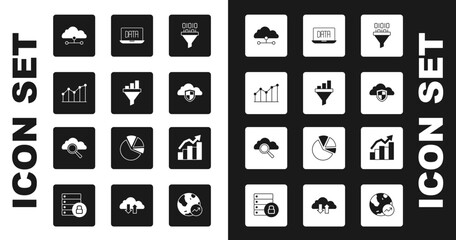 Poster - Set Binary code, Sales funnel with chart, Pie infographic, Network cloud connection, Cloud and shield, Data analysis, Financial growth and Search computing icon. Vector
