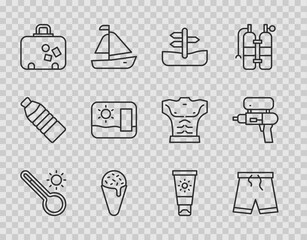 Sticker - Set line Meteorology thermometer, Swimming trunks, Road traffic sign, Ice cream waffle cone, Suitcase, Travel postcard, Sunscreen tube and Water gun icon. Vector