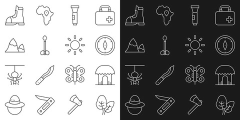 Sticker - Set line Tropical leaves, African hut, Compass, Flashlight, Arrow, Mountains, Hunter boots and Sun icon. Vector