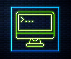 Poster - Glowing neon line Computer monitor screen icon isolated on brick wall background. Electronic device. Front view. Vector