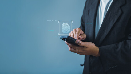 Fototapete - Cyber security network and data protection concept. Businessman using fingerprints to access business information, biometric identification and  digital cybercrime anti-crime technology innovation.