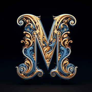 Golden floral alphabet M, 3d render of letter M, Ai generated image