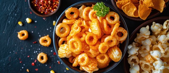 Sticker - Salty, spicy, round puffed snacks with corn rings and cheese puffs, seen from above in a bowl.