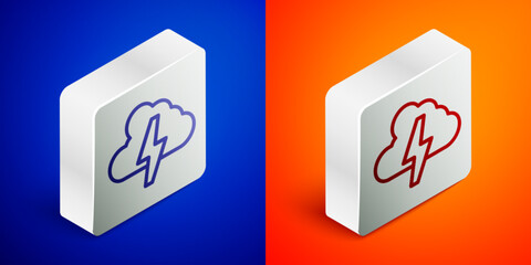 Wall Mural - Isometric line Storm icon isolated on blue and orange background. Cloud and lightning sign. Weather icon of storm. Silver square button. Vector