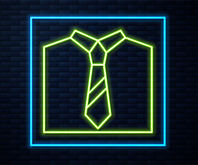 Poster - Glowing neon line Tie icon isolated on brick wall background. Necktie and neckcloth symbol. Vector