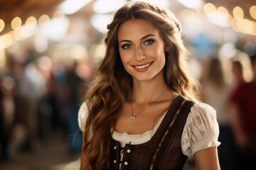 Wall Mural - AI generated picture of a woman wearing traditional bavarian costume celebrating beer octoberfest