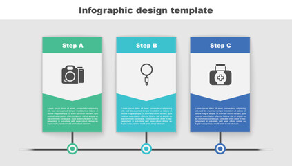 Canvas Print - Set Photo camera, Magnifying glass and First aid kit. Business infographic template. Vector