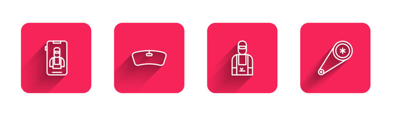 Poster - Set line Online car services, Windshield, Car mechanic and Timing belt kit with long shadow. Red square button. Vector