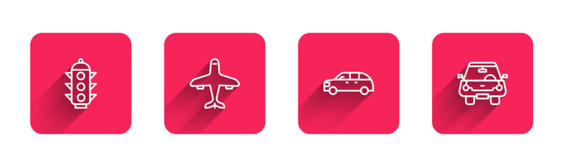 Poster - set line traffic light, plane, hatchback car and car with long shadow. red square button. vector