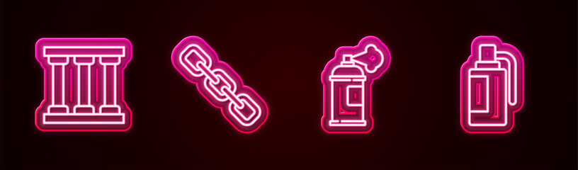 Poster - Set line Prison window, Chain link, Paint spray can and Hand grenade. Glowing neon icon. Vector