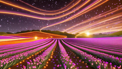 Wall Mural - glowing pink neon tulips in the field