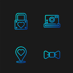 Poster - Set line Bow tie, Location with heart, Lock and and Photo camera. Gradient color icons. Vector