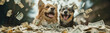 Cute fluffy pets under rain of falling banknotes. Blogging concept.