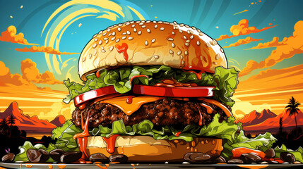 paper tablecloths with the image of a burger in the style of pop art. vintage color background. gene