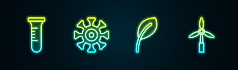 Sticker - Set line Test tube and flask, Bacteria, Leaf or leaves and Wind turbine. Glowing neon icon. Vector