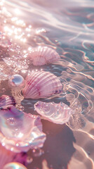 Wall Mural - Pearl and Crystal shells floating in a pool of water.