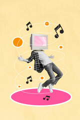 Poster - Retro abstract creative artwork template collage of dancing guy vintage screen instead head isolated beige color background