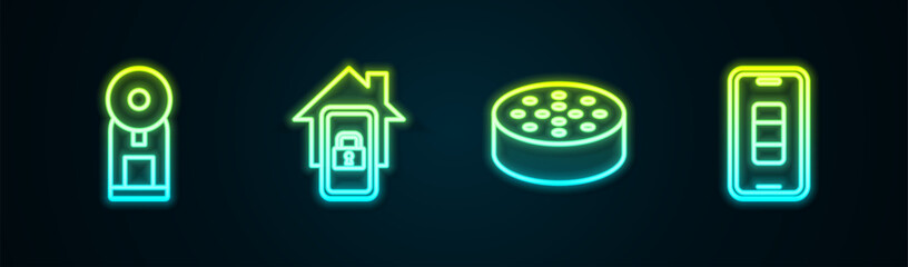 Poster - Set line Smart coffee machine, Mobile with smart home, Water sensor and Smartphone battery charge. Glowing neon icon. Vector