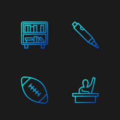 Poster - Set line Male kid raising hand, American football ball, Shelf with books and Marker pen. Gradient color icons. Vector
