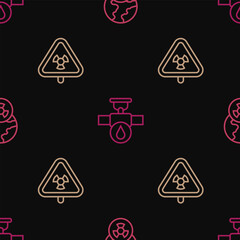 Poster - Set line Planet earth and radiation, Triangle with and Industry pipe valve on seamless pattern. Vector