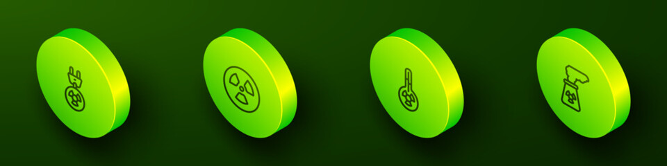 Set Isometric line Radiation electrical plug, Radioactive, Meteorology thermometer and Nuclear power plant icon. Vector