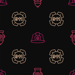 Poster - Set line Fire hydrant, Emergency call 911 and Firefighter helmet on seamless pattern. Vector