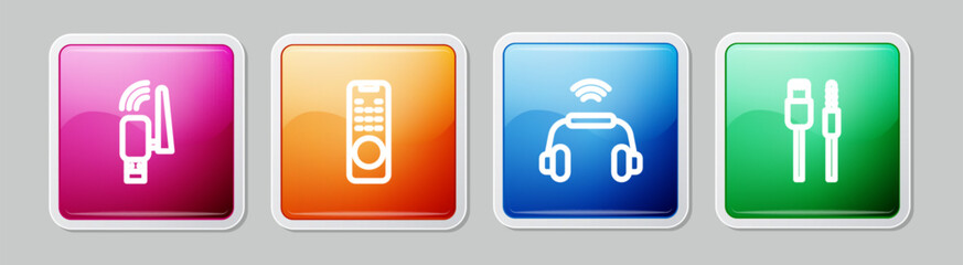 Poster - Set line Usb wireless adapter, Remote control, Smart headphones system and USB cable cord. Colorful square button. Vector
