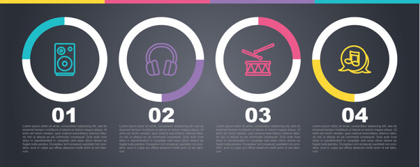 Sticker - Set line Stereo speaker, Headphones, Drum with drum sticks and Music note, tone. Business infographic template. Vector