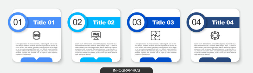 Poster - Set line Shield with text FAQ, Computer monitor and, Piece of puzzle and Lifebuoy. Business infographic template. Vector