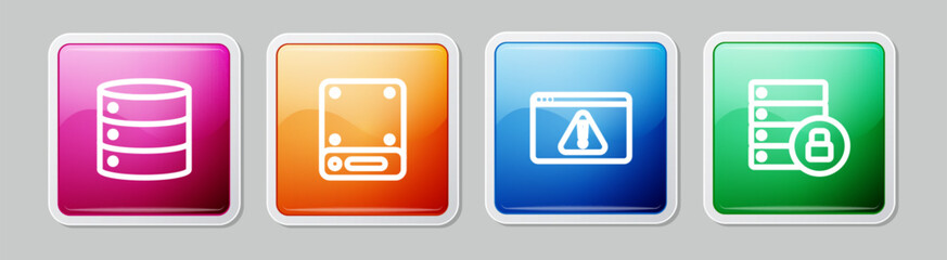 Poster - Set line Server, Browser with exclamation mark and security padlock. Colorful square button. Vector
