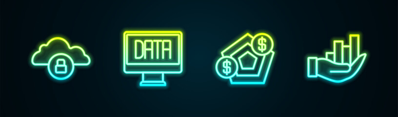 Poster - set line cloud computing lock, data analysis, financial growth and pie chart infographic. glowing ne