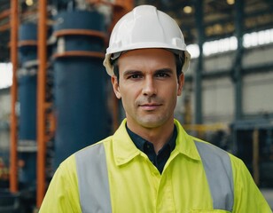 Portrait of a plant operation engineer in uniform and safety helmet at a factory. Engineer, industry and construction concept.