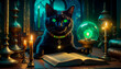 A magical black cat tells fortunes on a Magic Book from the wizard's room