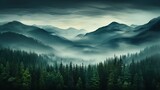 Fototapeta Natura - Evening dense foggy forest with high mountains in distance. Mysterious and atmospheric forest landscape. Generative AI