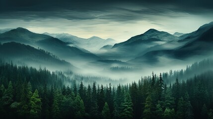 Evening dense foggy forest with high mountains in distance. Mysterious and atmospheric forest landscape. Generative AI
