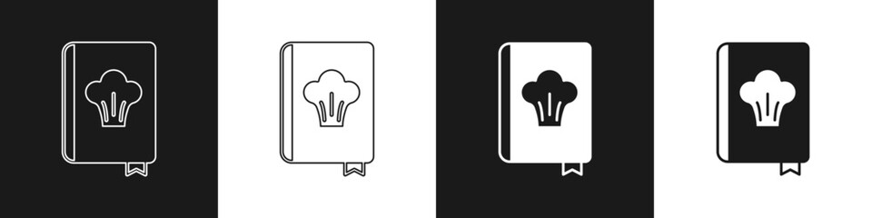 Canvas Print - Set Cookbook icon isolated on black and white background. Cooking book icon. Recipe book. Fork and knife icons. Cutlery symbol. Vector