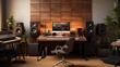 © Ashi - Cozy home music studio setup: wooden desk, monitor speakers, midi keyboards, and interfaces for creativity