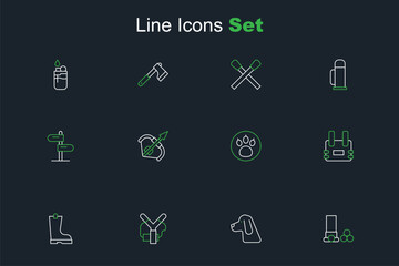 Sticker - Set line Cartridges, Hunting dog, Slingshot, Waterproof rubber boot, Bulletproof vest, Paw search, Medieval bow and arrow and Road traffic sign icon. Vector